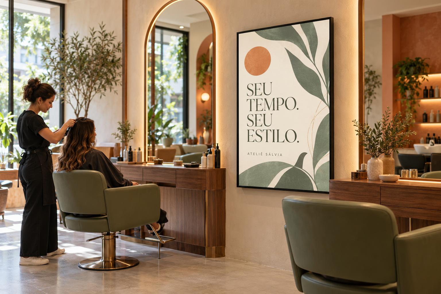 Salão com uma tela vertical exibindo uma campanha do Ateliê Sálvia.