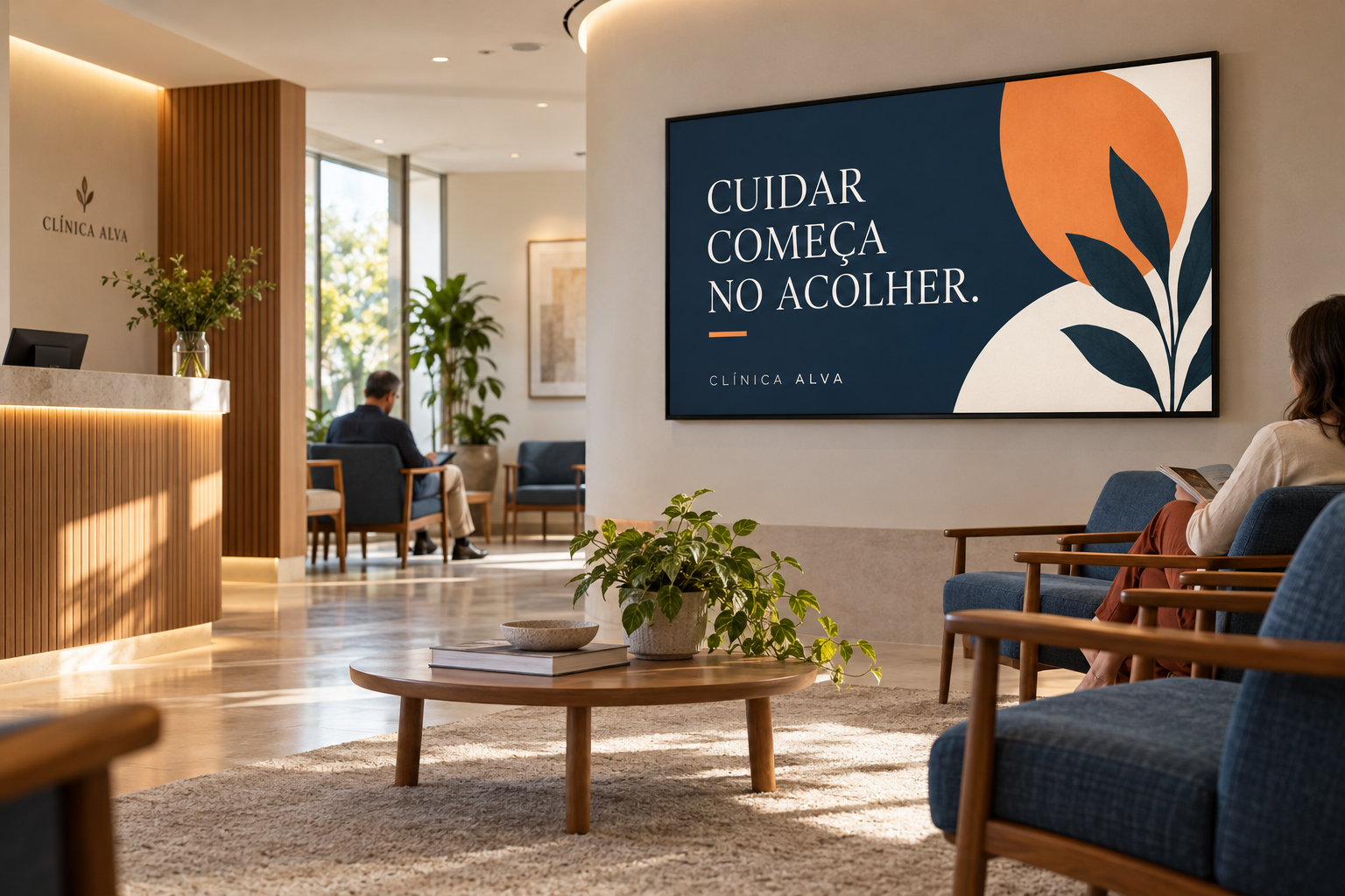 Recepção da Clínica Alva com uma tela horizontal de comunicação.